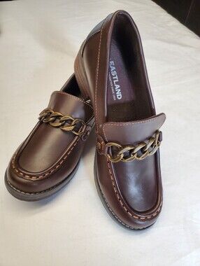 Eastland Nora Women's 6.5 Brown Leather Chain Loafer Chunky Block Heel